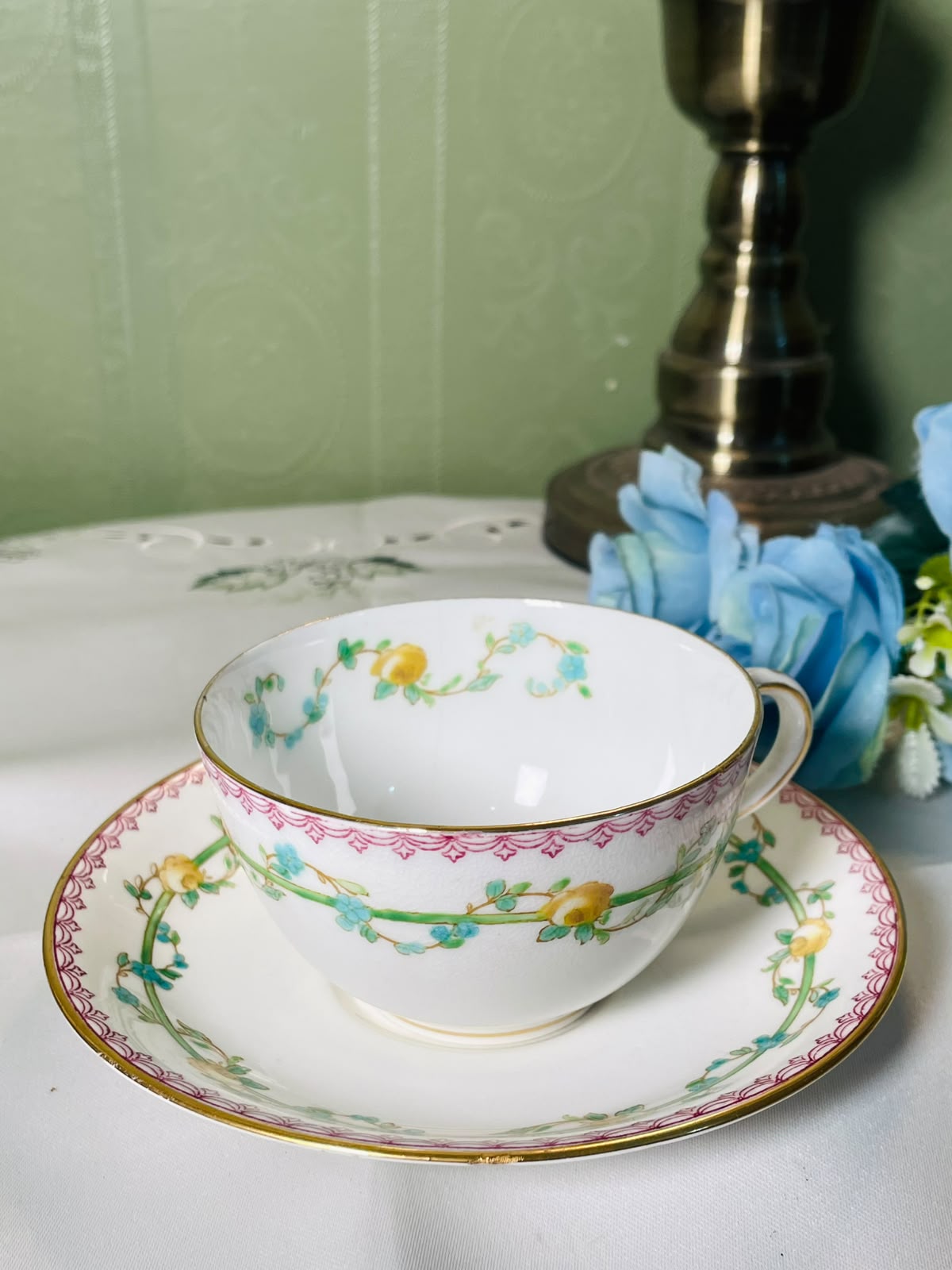 Sevres Border Floral Gold-Trim Cup & Saucer 2-Piece Set