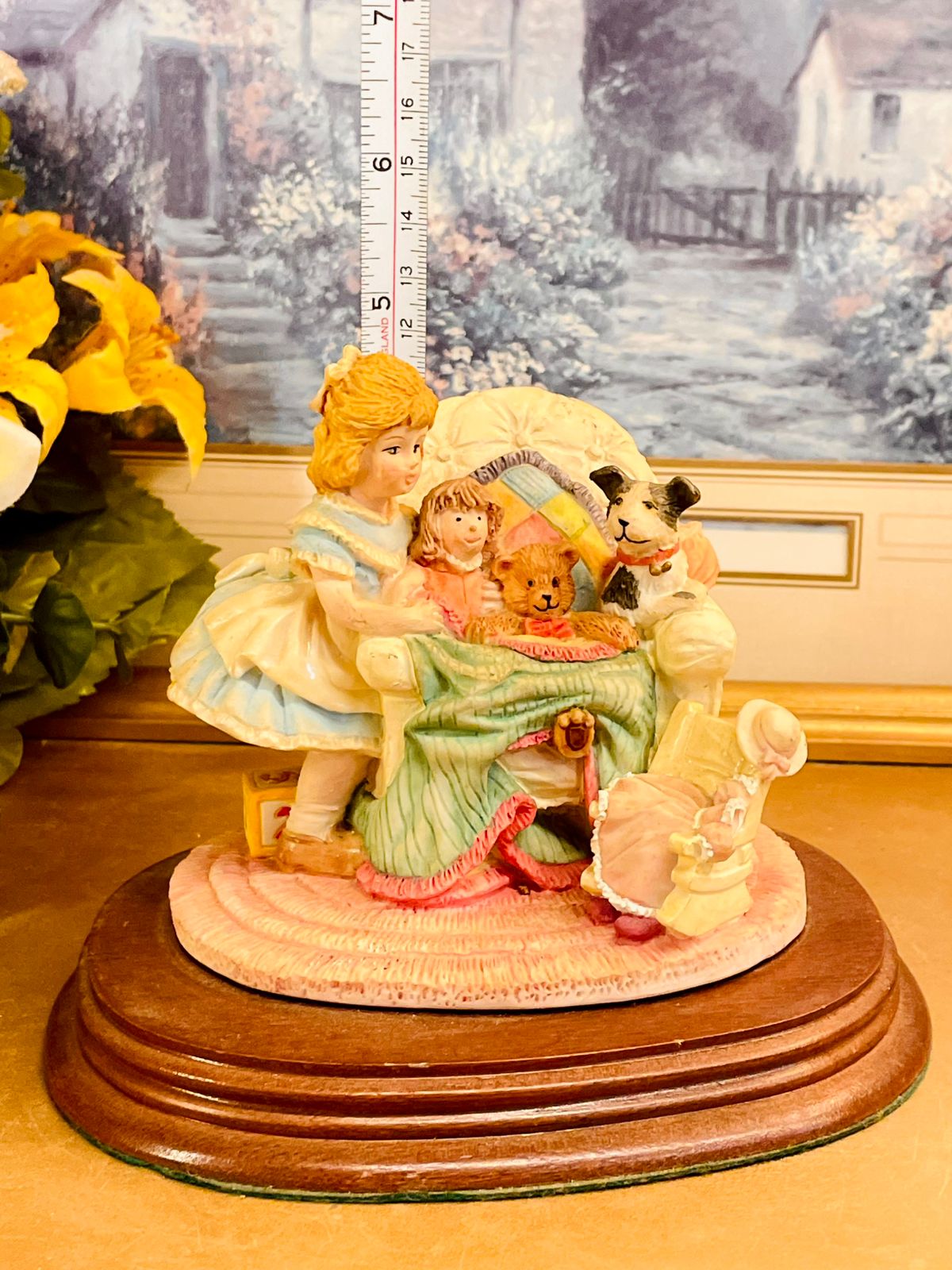 Vintage Leonardo Collection Figurine – Girl with Doll, Teddy & Dog Scene on Wooden Base
