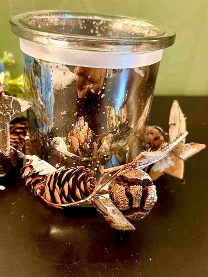Mercury Glass Candle Holder with Rustic Pinecone & Ribbon Décor