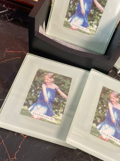 Wishlist Collection Home – Frosted Glass Photo Coasters with Wooden Holder (Set of 4, Insert Photos 2"x3")