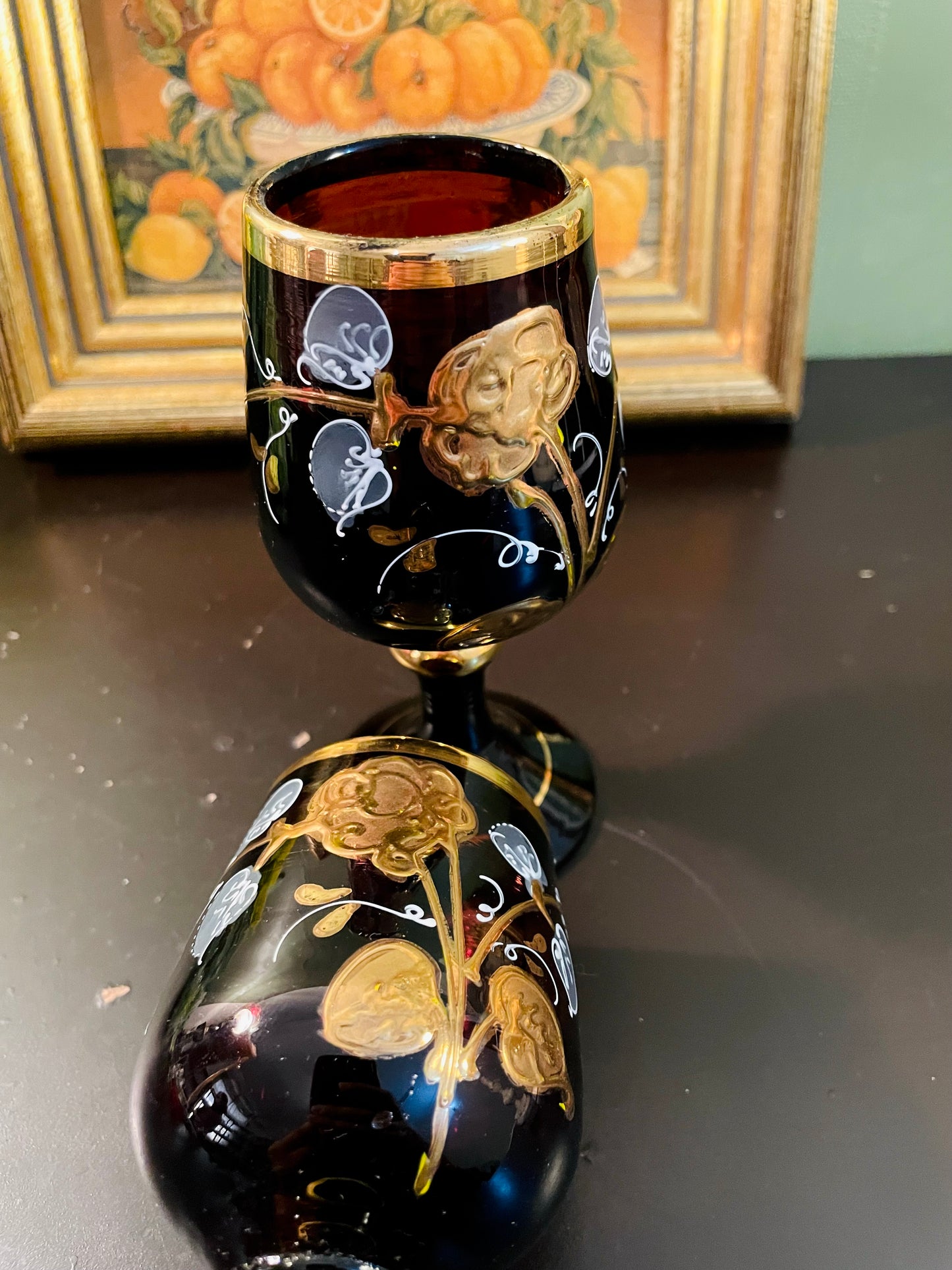 Antique Bohemian Black Glass Goblets Pair – 15 cm