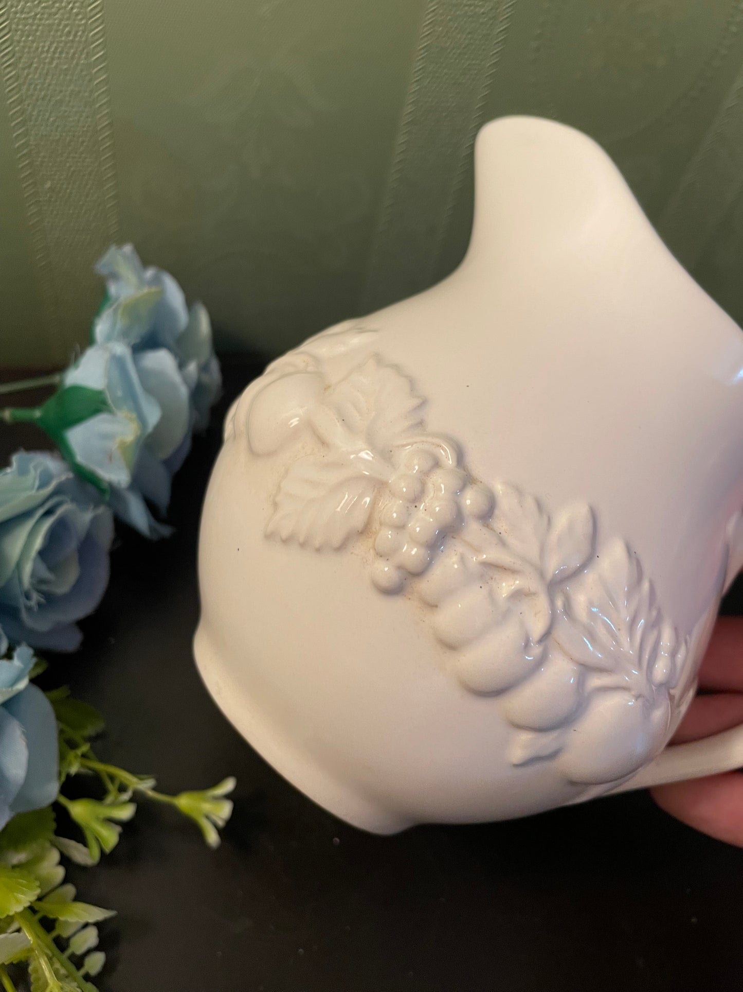 White Ceramic Floral Embossed Milk Jug Creamer Pitcher