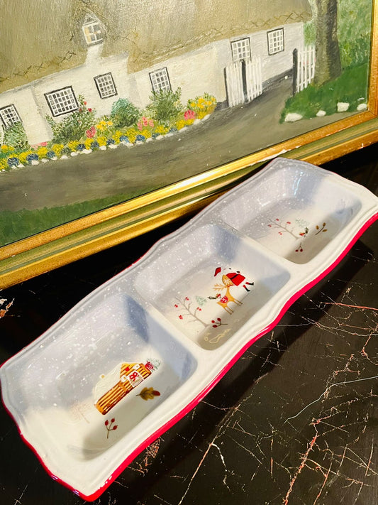 Christmas Porcelain Large 3-Section Snack Tray – Rectangular Holiday Serving Dish