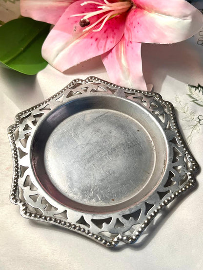 Vintage Pierced Silver-Tone Metal Trinket Dish / Coaster Approx. 14 cm