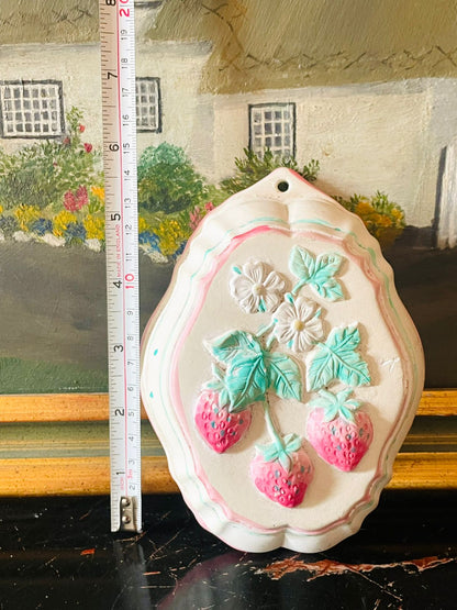 Vintage Handcrafted Strawberry Relief Wall Plaque – Pastel Cottage Charm (England)