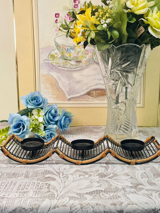 Rustic Metal & Rattan Candle Holder Tray