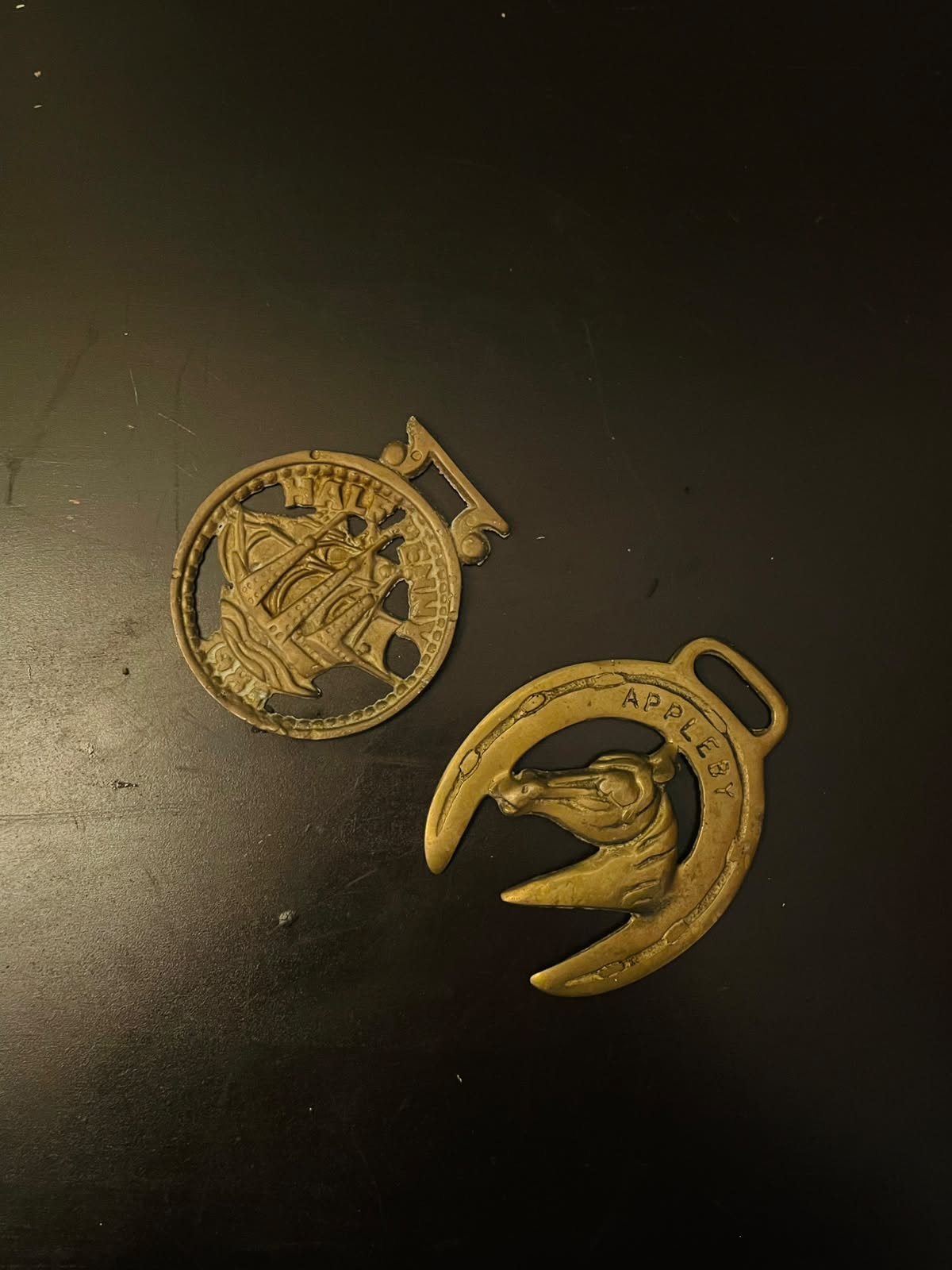 Vintage Brass Horse Medallion & Ship Trivet Set of 2