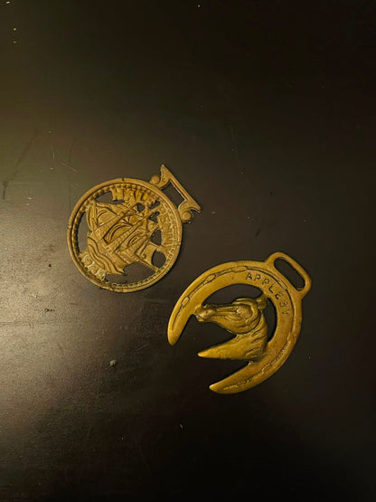 Vintage Brass Horse Medallion & Ship Trivet Set of 2