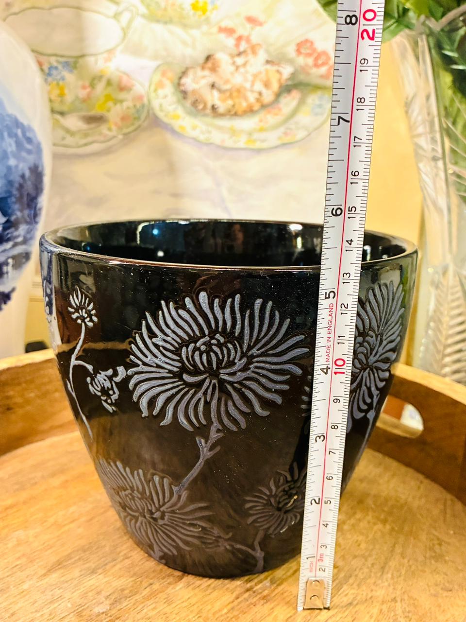 Black Ceramic Planter — 5 Inch Floral Carved Design Decor Pot