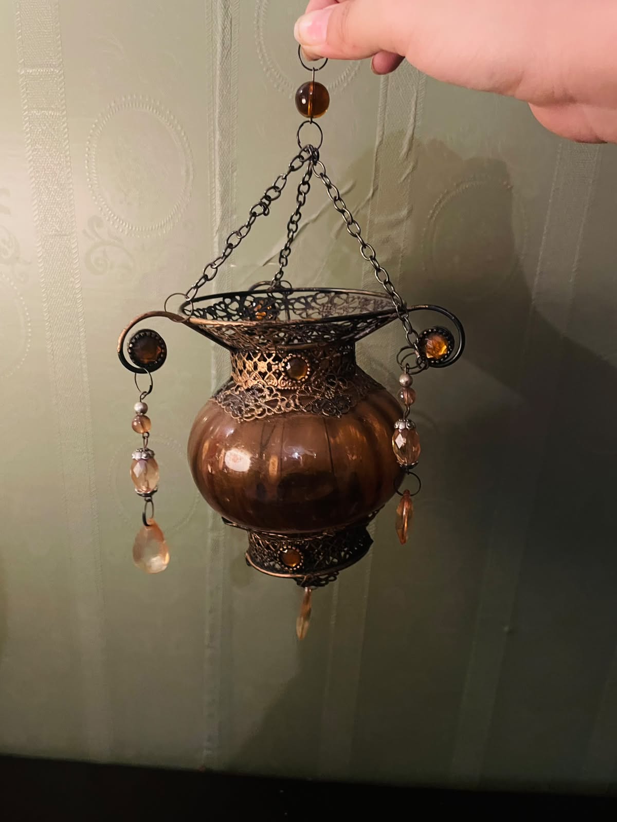 Vintage Amber Hanging Lantern Candle Holder