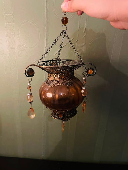 Vintage Amber Hanging Lantern Candle Holder