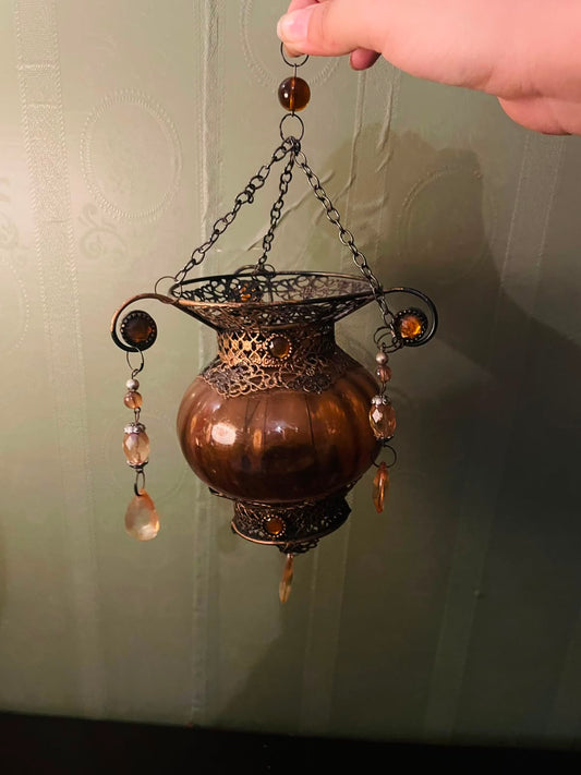 Vintage Amber Hanging Lantern Candle Holder