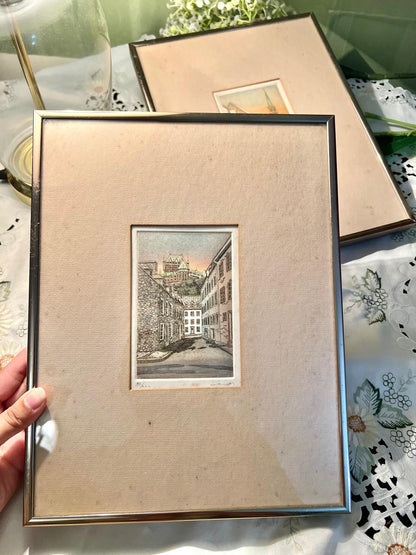 Vintage European Street & Church Framed Artwork painting – 2 Pcs, 13 Inches
