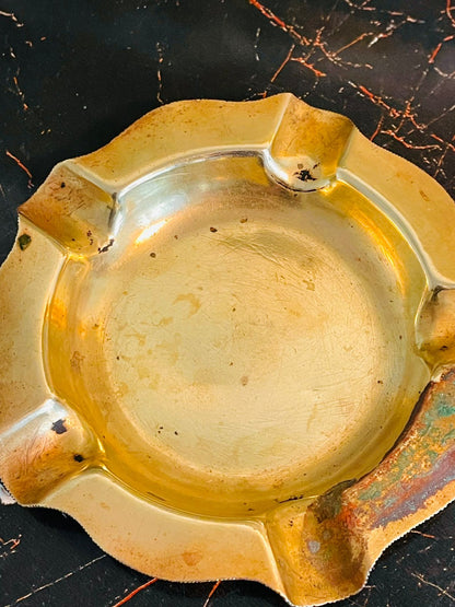 Vintage Solid Brass Ashtray – Rustic Patina – Round Sculpted Design