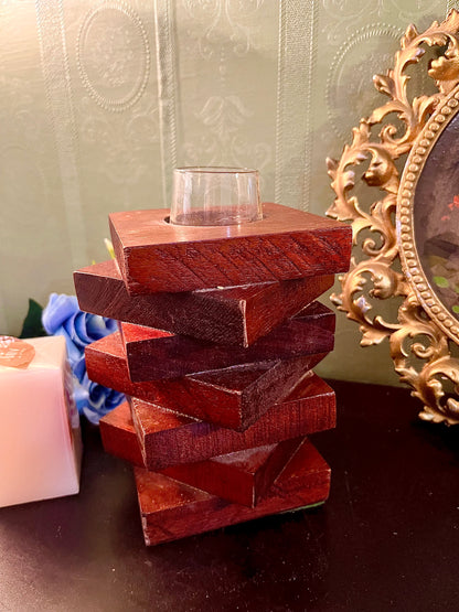 Stacked Wooden Taper Candle Holder with Glass Insert