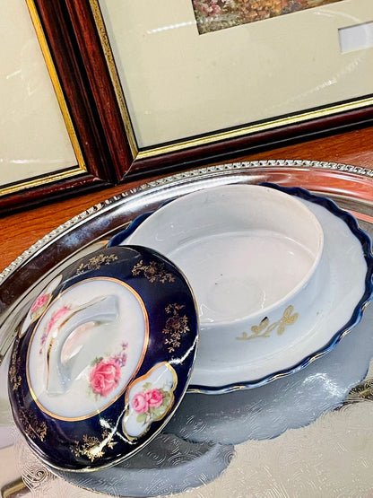 Vintage Navy & Gold Porcelain Butter Dish with Rose Motif