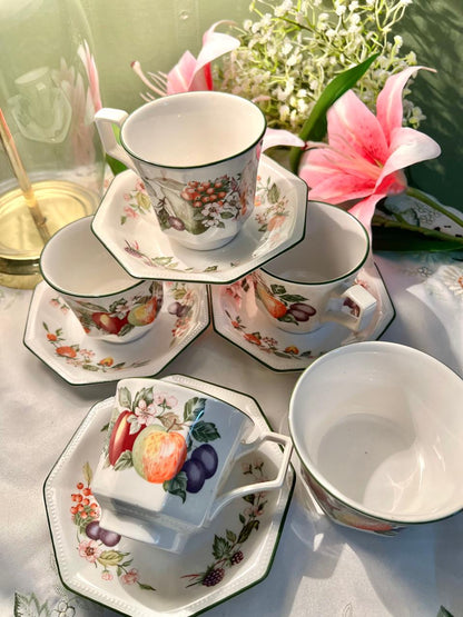 Johnson Brothers England Fruit Pattern Tea Set – 4 Cups & 4 Octagonal Saucers – 9 Piece English Set