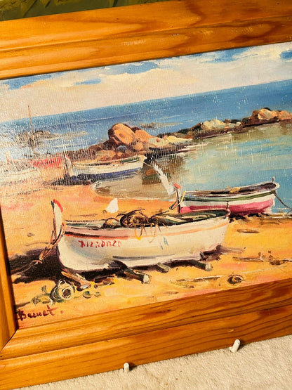 Robert Sills Original Oil Painting – Italian Fishing Boats | Vintage Framed Art from Gallery of California
