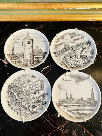 Vintage German Souvenir Porcelain Decor Plate – Mini wall decor plate - Black & White City & Castle Illustrations