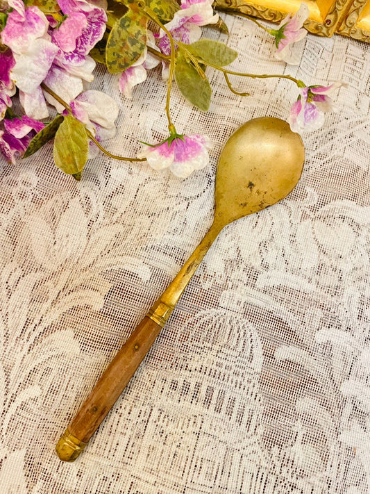 Vintage Brass Serving Spoon Wooden Handle Kitchen Decor