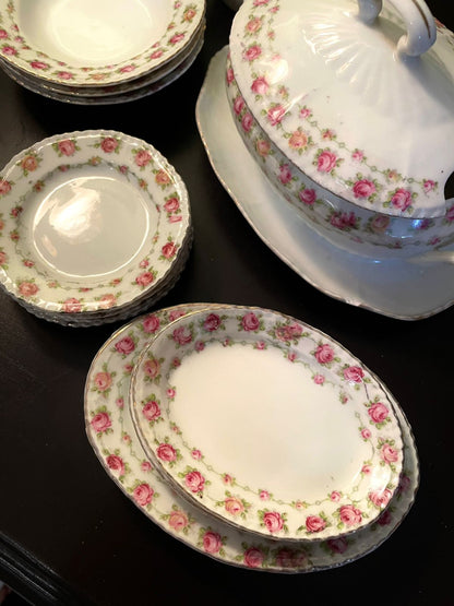 Vintage Rose China Serving Set with Tureen & Gravy Boat