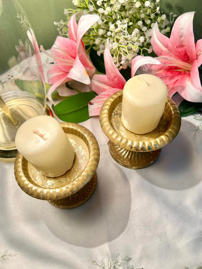 Brass Candlestick Holders with Cream Candles Set of 2