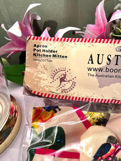 Australia 100% Cotton Kitchen Set Apron Pot Holder & Oven Mitt