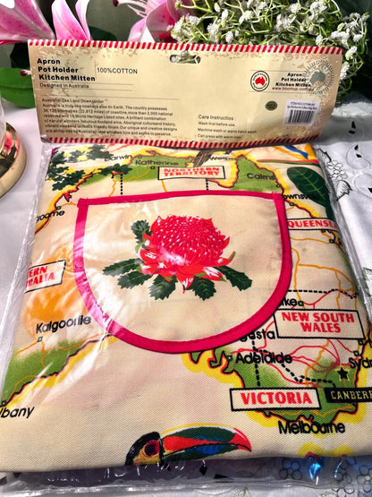 Australia 100% Cotton Kitchen Set Apron Pot Holder & Oven Mitt
