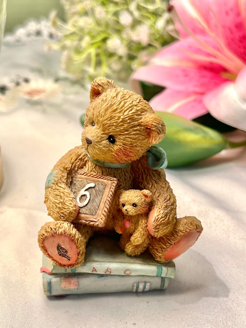 Vintage Teddy Bear Figurine with Mini Bear & Number 6 7 cm