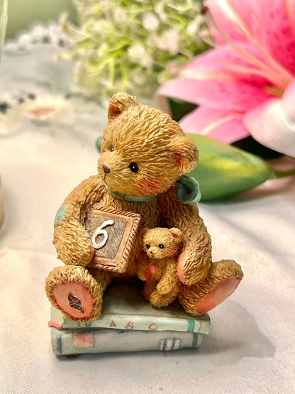Vintage Teddy Bear Figurine with Mini Bear & Number 6 7 cm