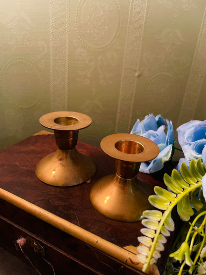 Vintage Brass Low Candlestick Holder Pair