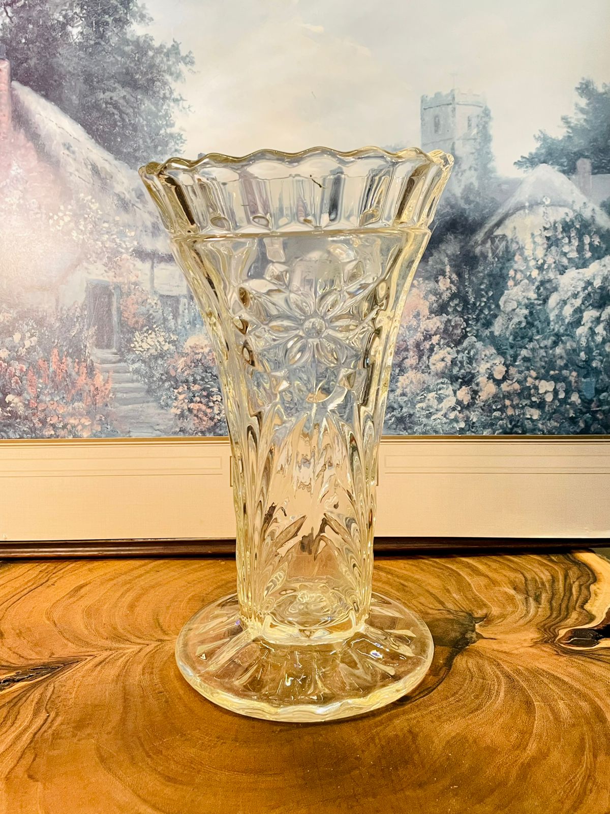 Vintage Pressed Glass Vase | Scalloped Floral Vase 10.5 Inch