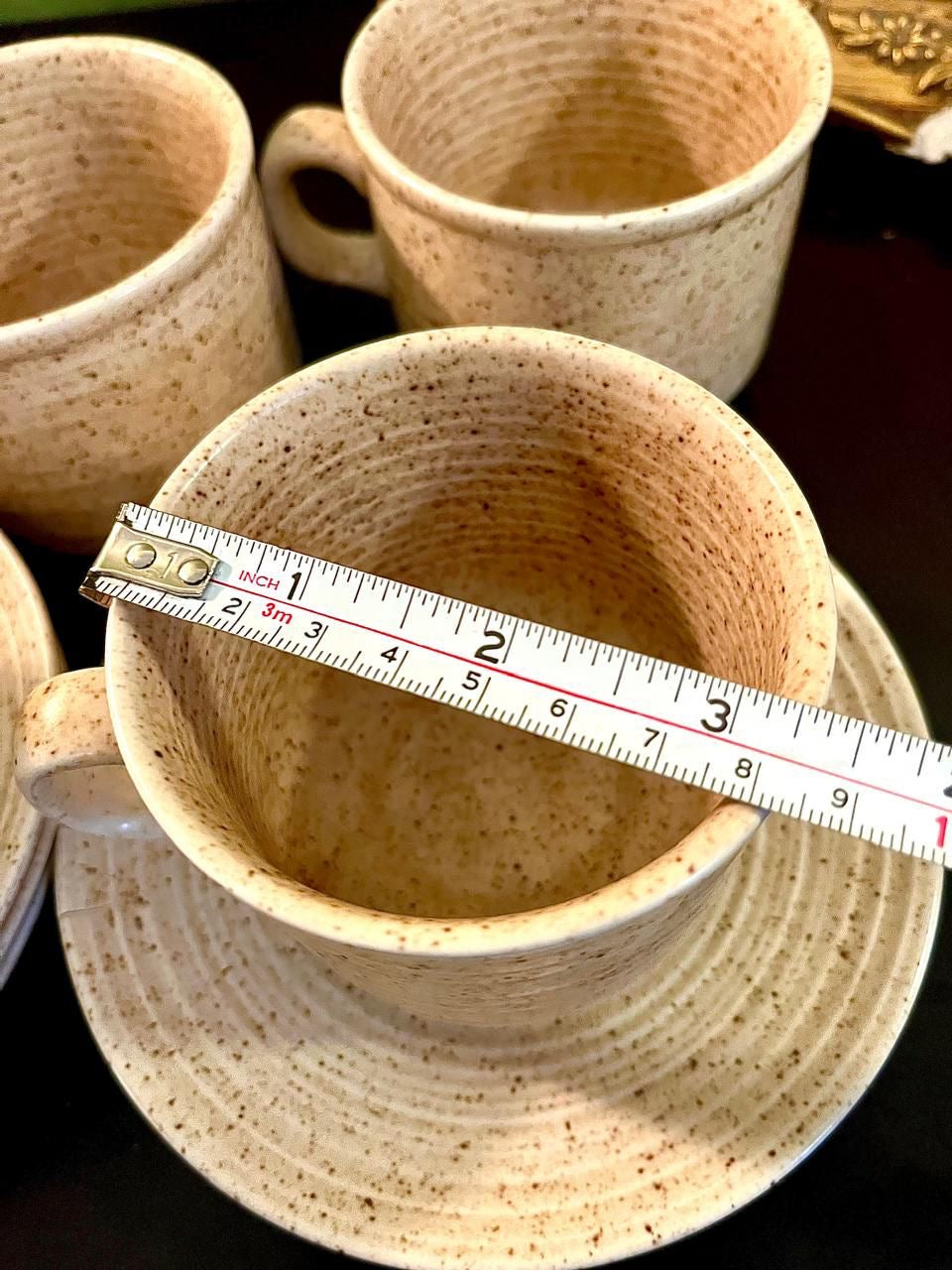 Vintage Speckled Stoneware Tea Cup & Saucer Set of 5