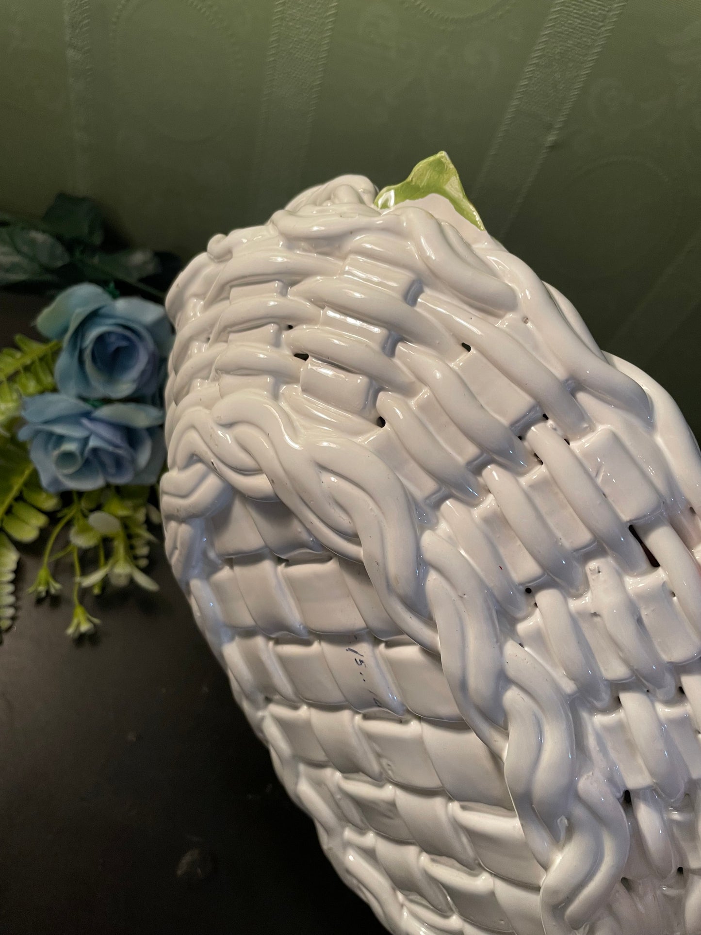 Large White Ceramic Basket Weave Serving Tray With Ivy Leaves