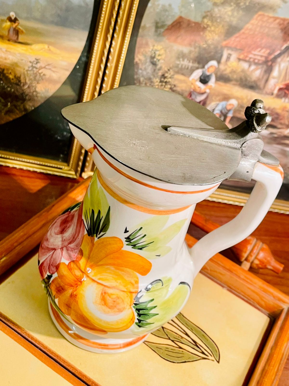 Vintage Hand-Painted Ceramic Jug with Pewter Lid – Floral Design