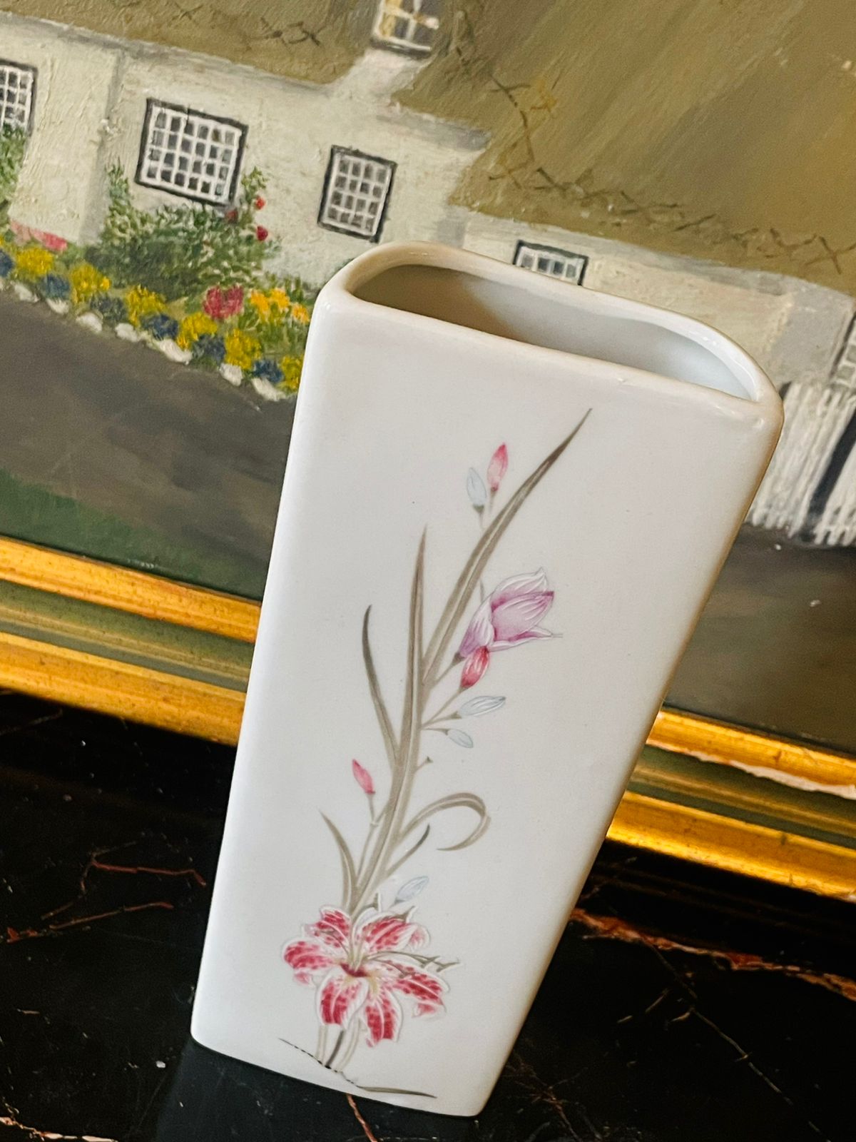 Vintage English Porcelain Wall Vase – Pastel Blue & Pink Floral, 8 Inch