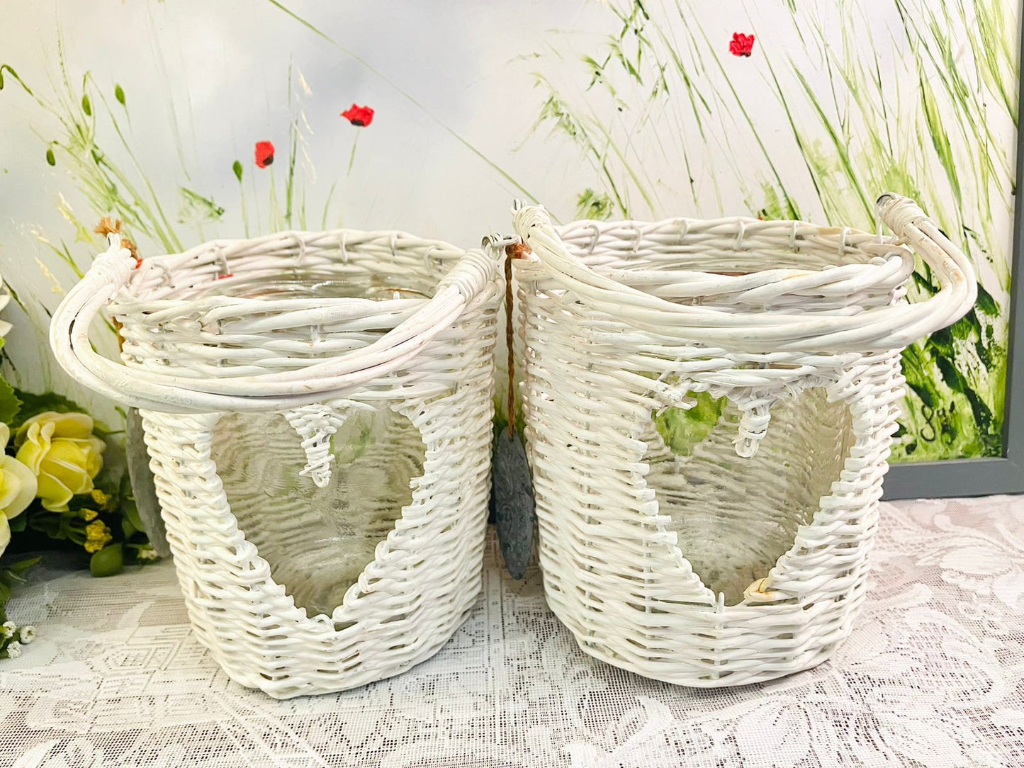 White Wicker Heart Lantern Candle Holder Set Of 2