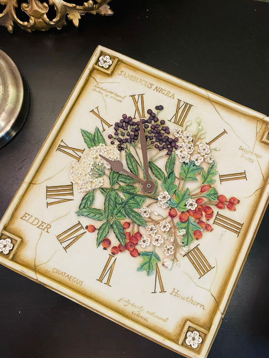 Vintage Botanical Floral Wall Clock 9 Inch Cottage Decor