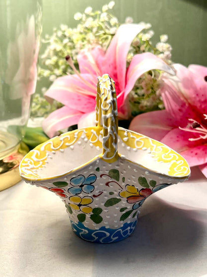 Vintage Hand-Painted Ceramic Basket with Floral Design Approx. 12 cm