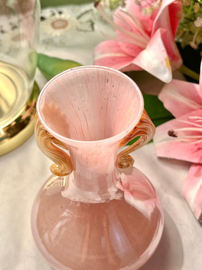Pink Crystal Vase with Amber Handles – Approx. 6 Inch
