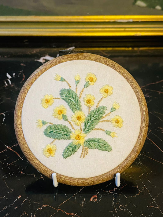 Vintage Hand Embroidered Floral Wall Art – Yellow Flowers in Round Wooden Frame