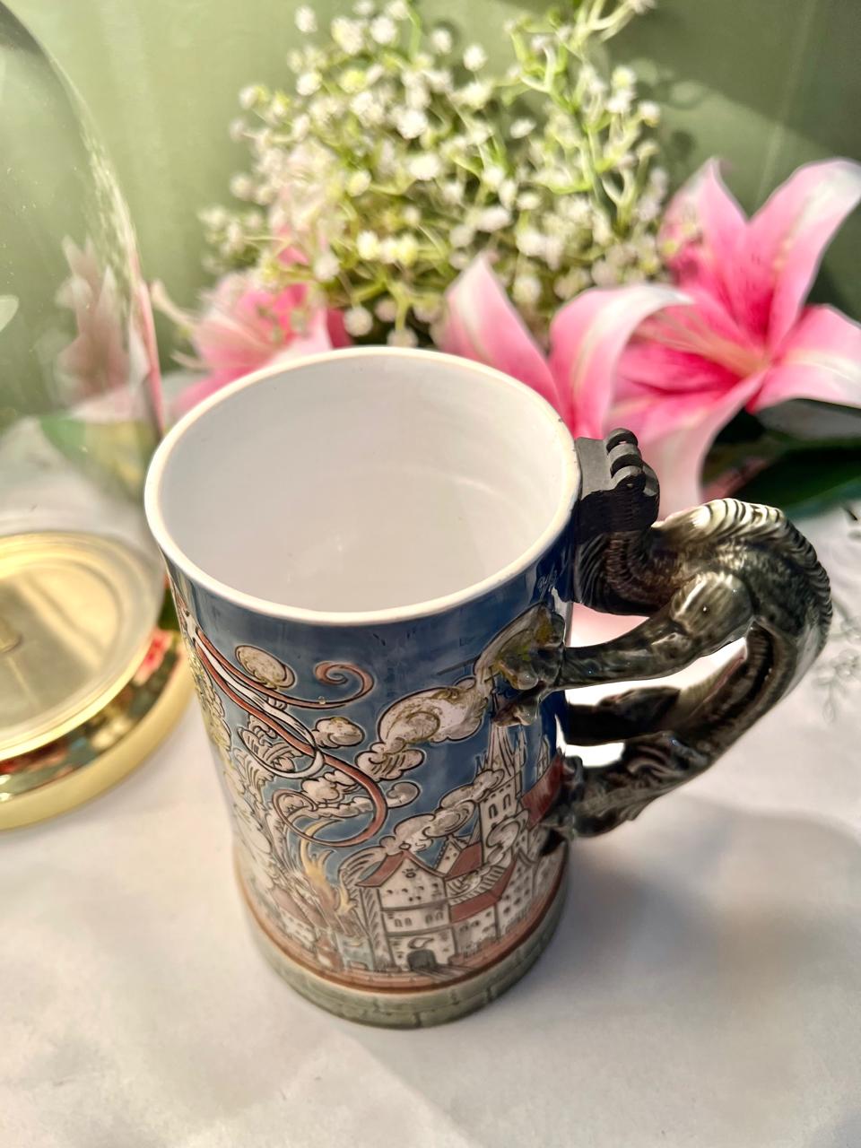 Vintage Blue Ceramic Dragon Handle Mug 16 cm