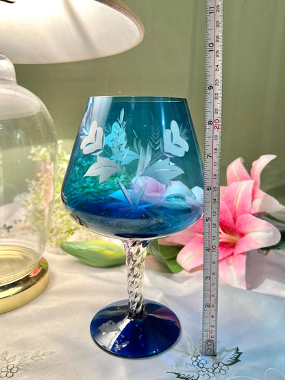 Blue Etched Crystal Goblet – Approx. 9 Inch