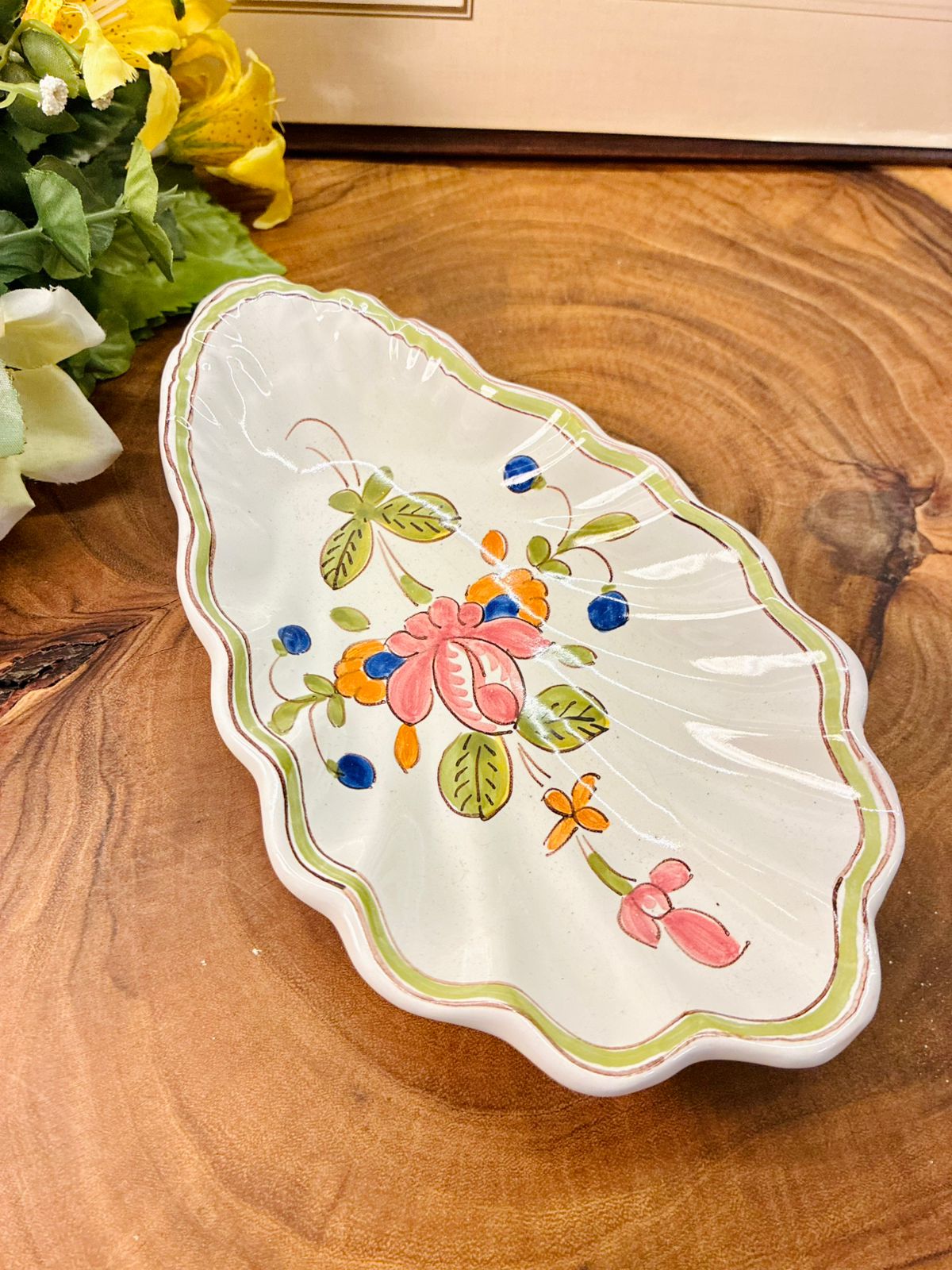 Vintage French Hand-Painted Oval Faience Trinket Dish