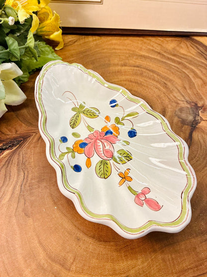 Vintage French Hand-Painted Oval Faience Trinket Dish