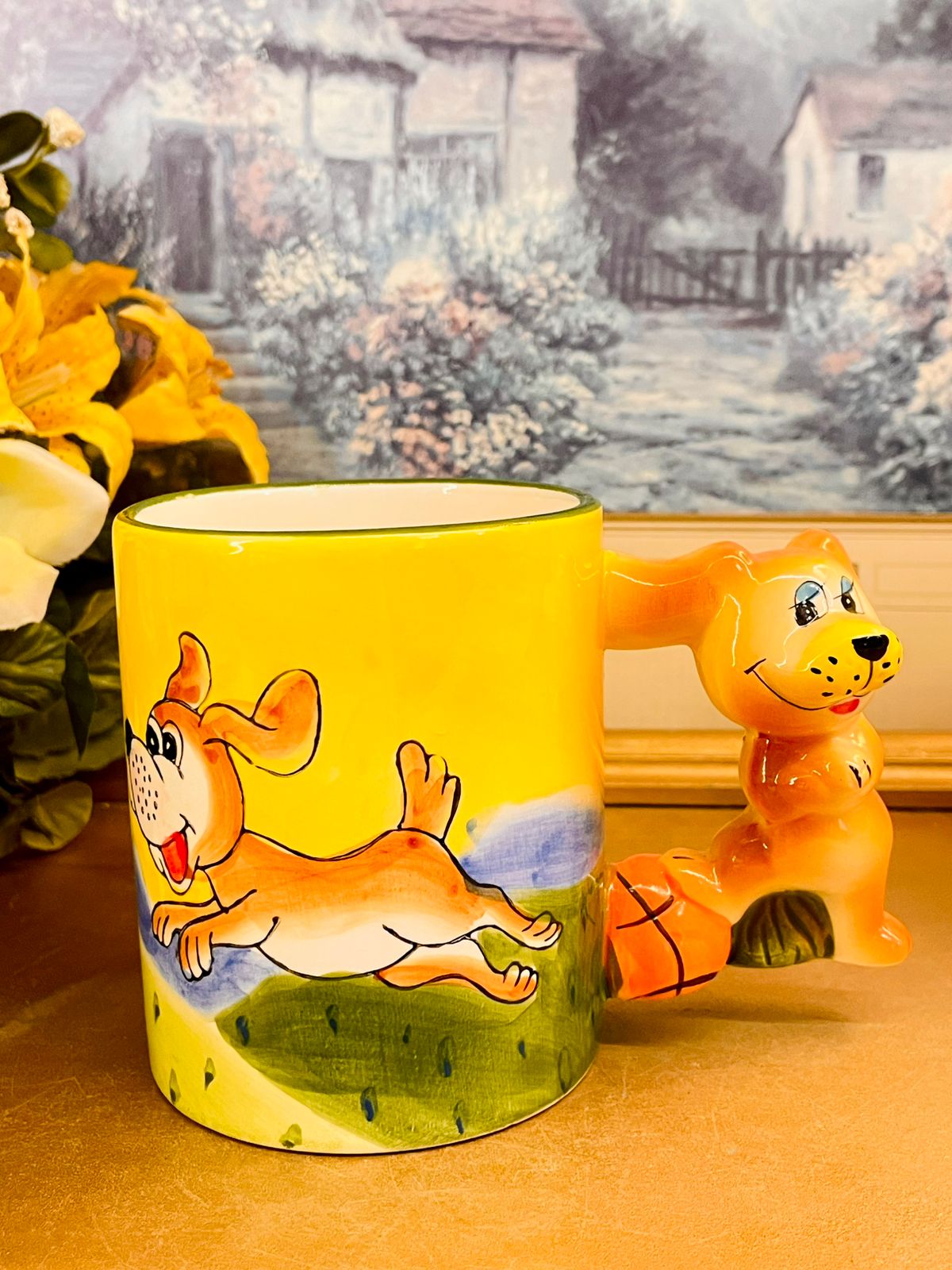 Vintage Hand-Painted Dog Handle Ceramic Mug Set