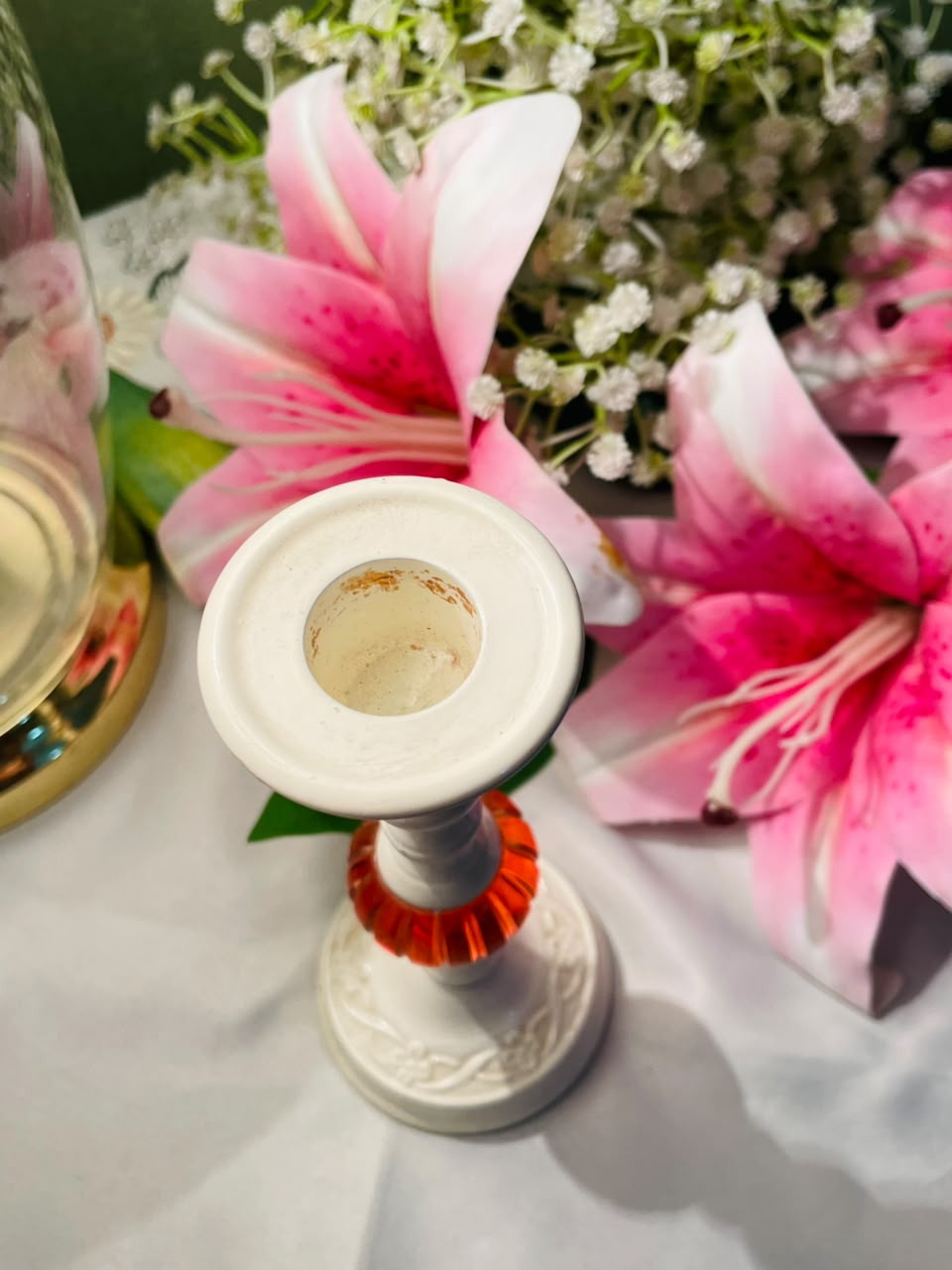 White Candle Holder with Amber Crystal Accent Approx. 18 cm