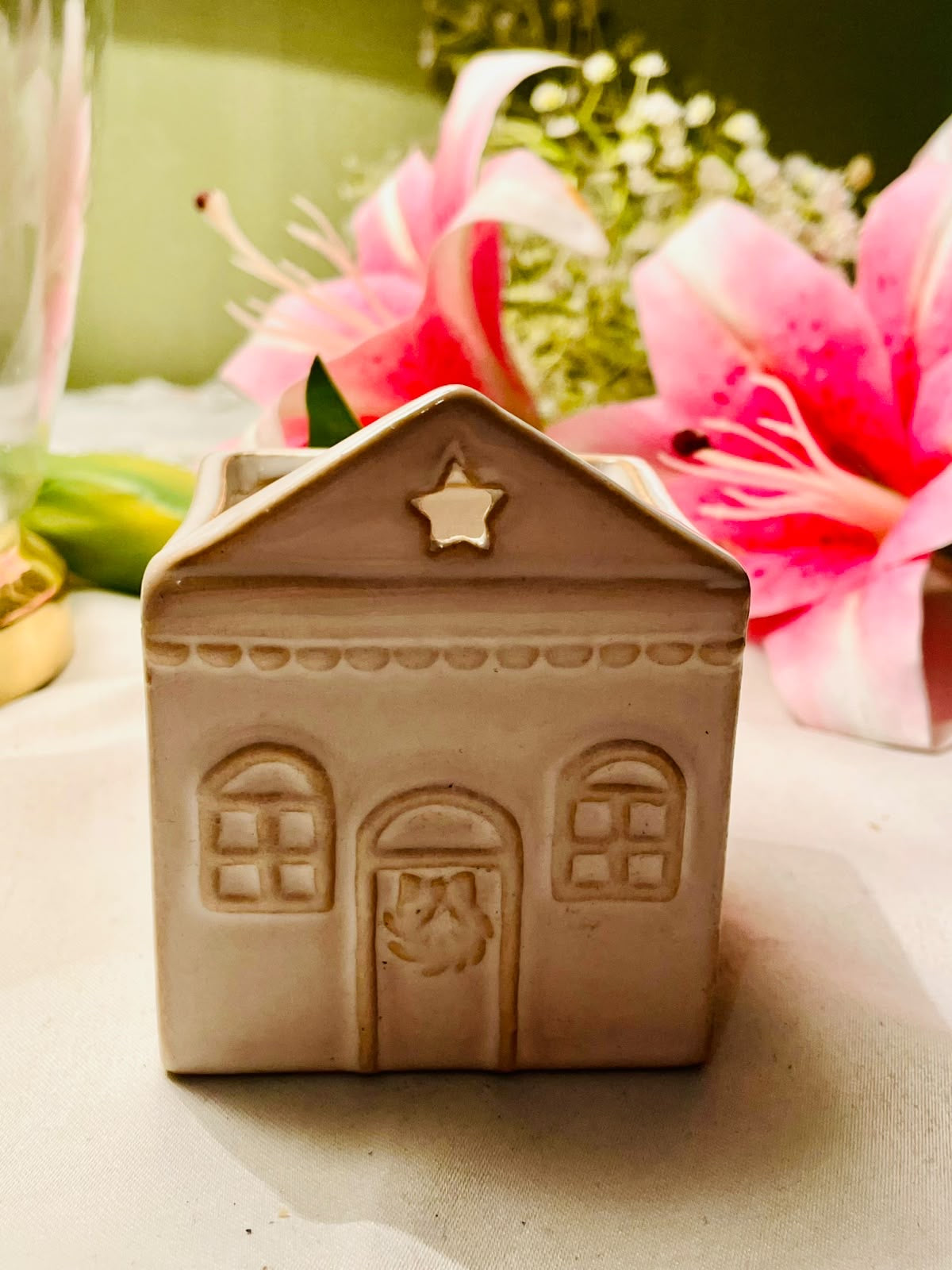 Vintage Cream Ceramic House Shaped Tea Light Holder 9cm