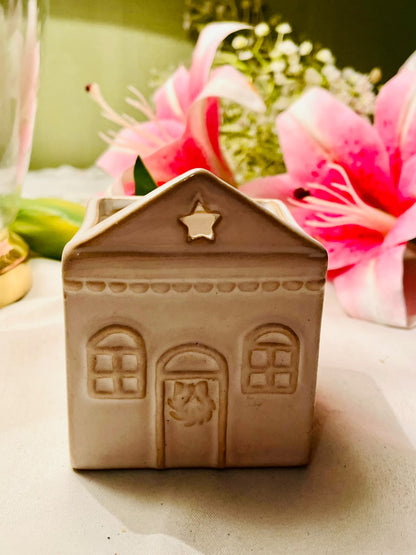 Vintage Cream Ceramic House Shaped Tea Light Holder 9cm