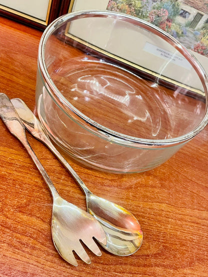 Glass Salad Bowl with Chrome Rim & Silver Plated Servers – 20cm Clear Serving Bowl